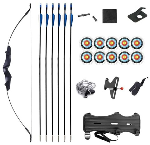 Ensemble Arc et Flèche Recurve 40 lbs avec 6 Flèches en Fibre de Verre & Protège-Bras, Tir à l'arc de Chasse Take-Down pour Adulte, Arc Entraînement Cible Extérieur Ergonomique pour Jeunes et Débutant