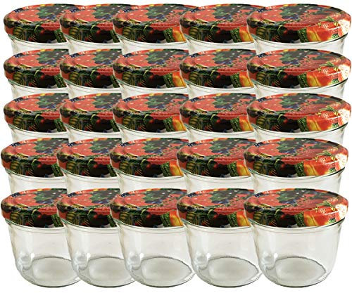 hocz Lot de 25 bocaux de conservation en verre - Capacité : 230 ml - Avec couvercles à visser - Couleur des fruits - 25 étiquettes NZ pour écrire - Pour pots de confiture ou bocaux