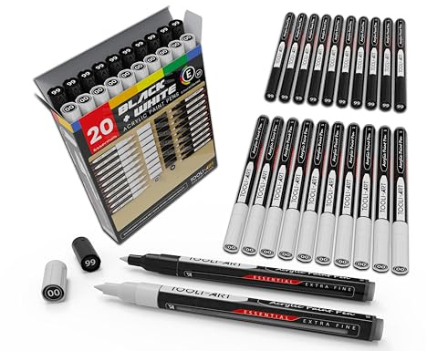 TOOLI-ART Black And White Acrylic Paint Markers Paint Pens Set For Rock Painting, Canvas, Mugs, Metal, Glass Paint, Fabric, Wood, DIY. Non Toxic, Quick Dry,Waterbas (EXTRA FINE)