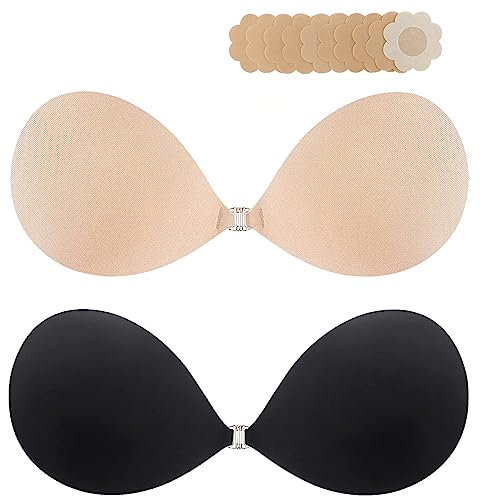 Soutien-gorge adhésif super collant push-up invisible sans bretelles dos nu pour femme avec cache-tétons, Noir/beige, B