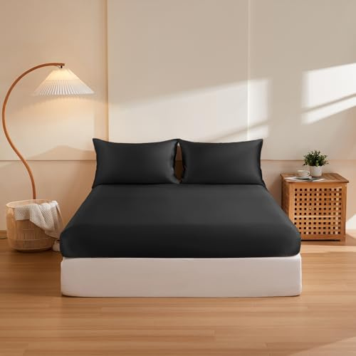 THXSILK 6A+ Top Grade 100% Pure Mulberry Silk King Fitted Sheet 3Pcs Set Bed Sheets Luxury Bedding for Hair and Skin Breathable Cooling Safe Material, 1 Fitted Sheet with 2 Pillowcases, Black