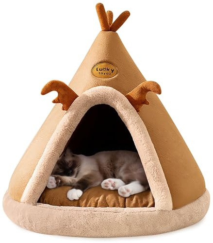 ALLSOPETS Cat Cave Bed, Indoor Dog House Nest for Cats Puppies Small Dogs, Winter Warm Pet Bed with Removable Cushion for Better Sleep (Camel Brown, L)