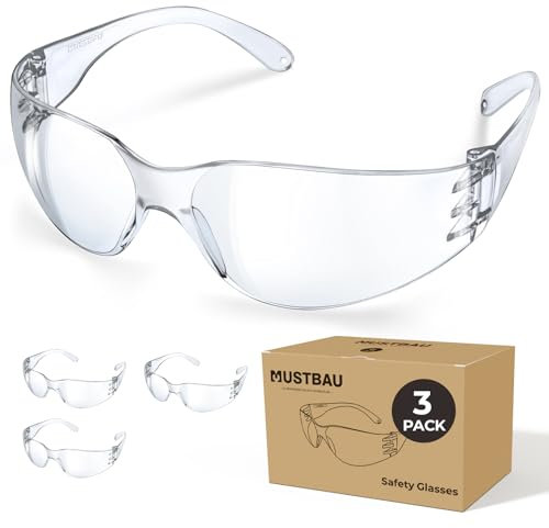 Mustbau Lot de 3 Lunettes de Protection EN166, Lunette de Sécurité UV380 Anti-rayures Pour Travail, Laboratoire, Menuiserie, Chantier, Campagnes, Cadeaux Idéal