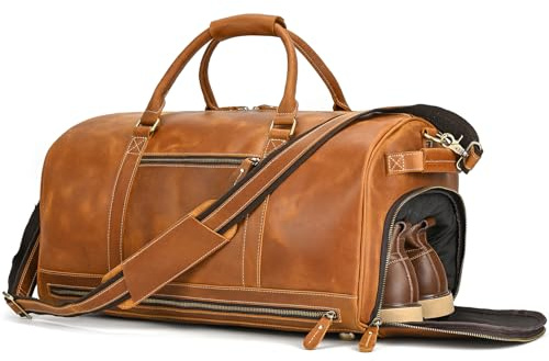 Borsone da Viaggio Pelle Vintage per Uomo Grande Borse a Tracolla per Vacanze Porta Abiti Borsa da Weekend in Vera Pella, Borse Weekender da Viaggio con Scomparto Scarpe, marrone chiaro