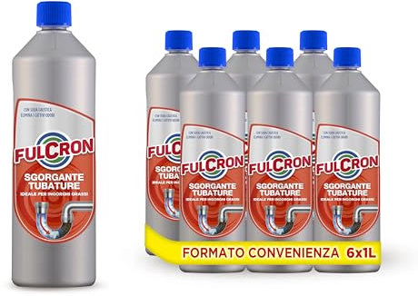 Fulcron Sgorgante Tubature, Stura Scarichi Rapido e Sicuro, Disotturante per Ogni Tipo di Residuo, Formula Disgorgante Adatta a WC, Lavabi, Doccia e Bidet, 6 x 1L