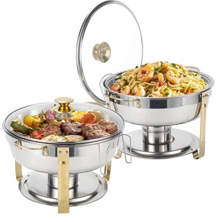 Chafing Dish Buffet Set - Stainless Steel Round Chafer Warmers with Glass Lid for Catering, Parties, and Weddings