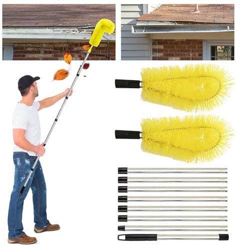 Gutter Cleaning Brush, 10ft Telescopic Gutter Cleaner With 2 Brushes and 8 Poles, 310CM Extendable Roof Gutter Cleaner Equipment for Cleaning Leaves, Debris, Window, Gutter, Hanging Light (yellow)