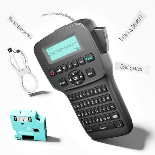 Vixic LM1600 Tragbares Beschriftungsgerät mit wiederaufladbarem Akku und Bluetooth, Etikettiergerät mit QWERTZ Tastatur, einfache Textbearbeitung für D1 Etiketten in 9mm und 12mm Breite