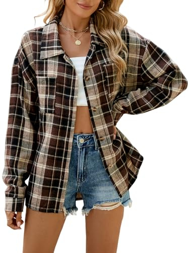 Decorie Camicia Donna Elegante a Quadri Maglia Donna Manica Lunga Top Donna Blusa Maglietta (Marrone,XXL)