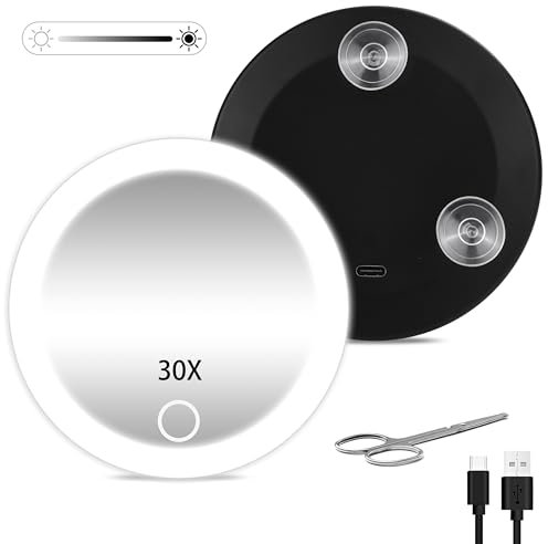 JJhxr Specchio ingranditore 30X con luci, specchio da viaggio da 10,2 cm con 3 ventose, specchio ingranditore con luce, regolazione regolabile delle luci, specchio ingrandimento 30x per trucco