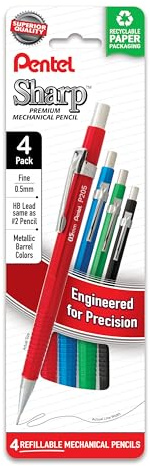 Pentel Sharp Metallic Mechanical Pencil, (0.5mm), Fine Line, Assorted Colored Barrels, Pack of 4 (P205MPF4M)