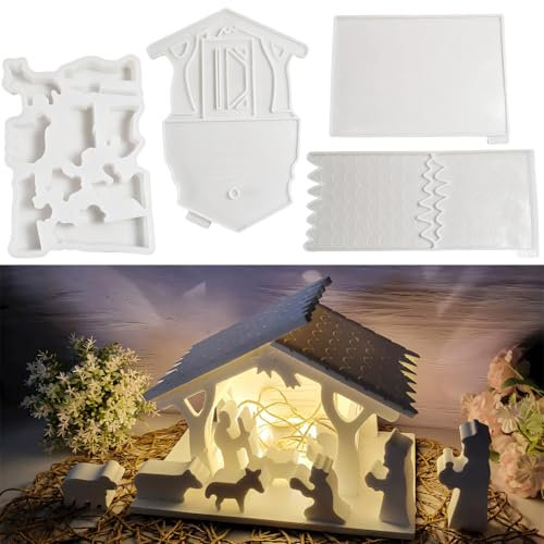 BDHYYM 3D Haus Krippe Silikonform - 4 Stück Krippenfiguren Gießform für Weihnachten
