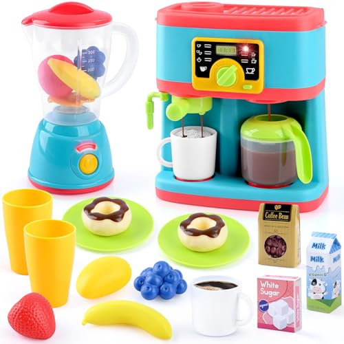 PLAY Küchengeräte Spielzeug Set, Kinderküche Zubehör Set mit Kaffeemaschine, Mixer, Lebensmittel Spielzeug, Realistische Beleuchtung und Sound, Kinder Spielzeug Küche Set für Kinder 3+