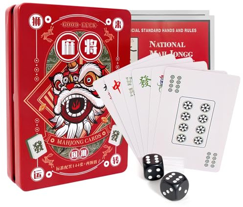 nnOuOnn Mahjong Card Game Set, 2026 Chinese Playing Mini Mahjong Cards, 144 Mah jong Playing Cards+2 Official Standard Hands And Rules +2 Dices+Iron Case,Traditional Board Game for Family Party