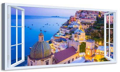 Quadro finestra panorama Positano Costiera Amalfitana tramonto - Stampa su tela con telaio in legno - 120x60 cm