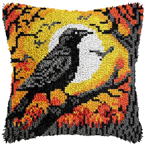 Latch Hook Kits for Adults, Creative Animal Latch Hook Pillow Case Kits DIY Needlework Pillow Cover, Embroidery Cushion Cover Kit Rug Making Kit for Beginners Bedroom Sofa Cushion Decoration (Crow)