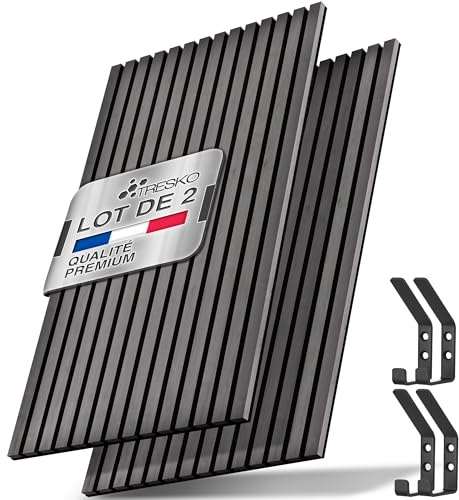 TRESKO Lot de 2 panneaux acoustiques en bois - 120 x 60 cm - Avec 4 crochets à vêtements - Revêtement mural chêne anthracite comme mur à lamelles 3D - Panneaux en bois pour isolation acoustique