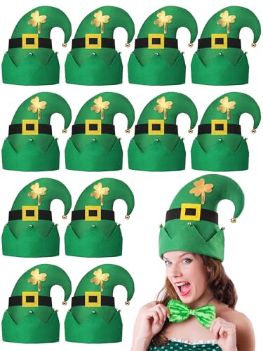 Cuffbow 12 Pcs St Patrick's Day Leprechaun Hat Funny Green Hats with Bells Irish Party Accessories Shamrocks Headdress for Adults