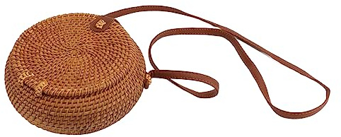 Fabater Handvävd Rund Rottingväska för Kvinnor, Naturlig Miljövänlig Korgväska med Justerbar Läderrem, 20 Cm Diameter Vävd Axelväska för Strand, Fest, Shopping och Presenter
