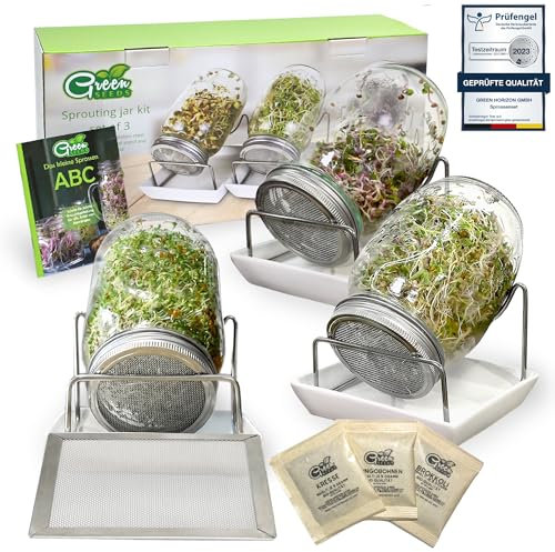 Green SEEDS Bocal à germes 3 Set de 1000ml avec Couvercle à Grille en Acier Inoxydable de Haute qualité, Support, Bol en céramique + ABC des germes Gratuit [E-Book]