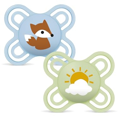 MAM Chupete, Recién Nacido, 0-2 Meses, Tetina Extra Delgada y Flexible de Silicona Skin Soft Silicone de Fácil Aceptación, con Caja Autoesterilizadora, MAM Perfect, Azul y Verde, Pack 2uds