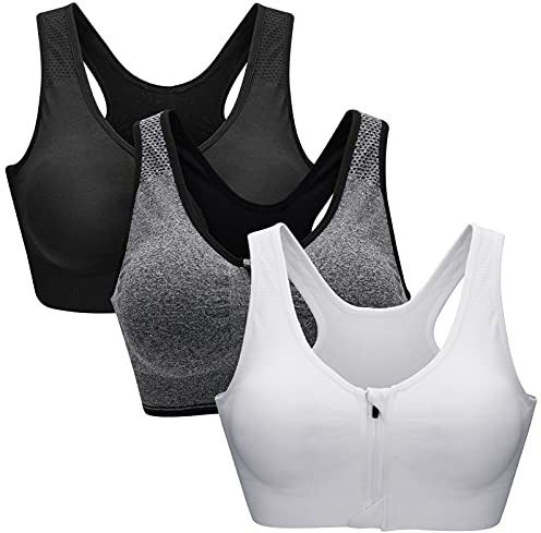 ZOEREA Sujetador Cierre Delantero Deportivo para Mujer Gimnasio Ropa con Almohadillas Extraíbles para Correr Sin Costuras Yoga Fitness Negro + Gris + Blanco,3XL