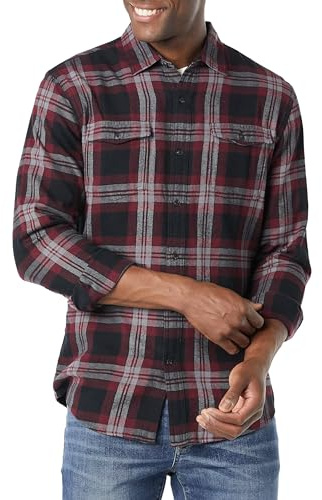 Amazon Essentials Camisas de Franela de Manga Larga y Corte Ajustado con Dos Bolsillos Hombre, Negro Burdeos Cuadros Escoceses, XL