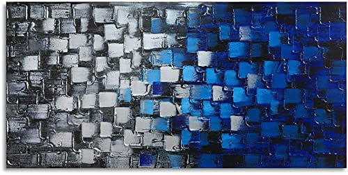 Cuadro Abstracto Lienzo Decorativo con Textura de Cuadros Pintado a Mano Moderno Azul Oscuro y Plata al Óleo, Decoración Pared Hogar Oficina Enmarcado Listo para Colgar 48 x 24 Pulgadas