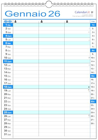 Calendario 2026 famiglia da muro con colonne family lavoro per 1 2 3 4 5 6 7 8 persone (3 COLONNE)