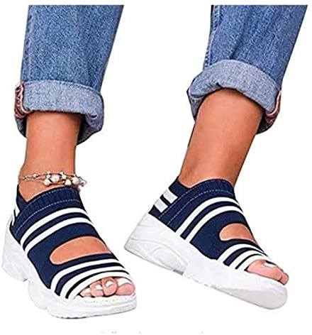 Sandali Donna Estivi Zeppa, Sandali con Plateau Donna a Righe, Elastici Sandali Aperti Donna Comfort Punta Aperta, Comodi Casual da Spiaggia, Sportiva Sandali con Bocca Di Pesc(Size:40EU,Color:blu)