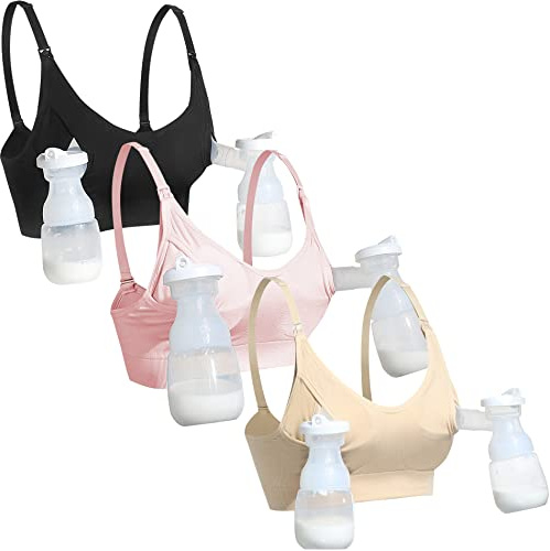 GXXGE Nursing Bra Support Pumping Bra Hands Free All in One Maternity Bra Comfortable Breast No Pad Pumps Bra Black Nude Pink Medium