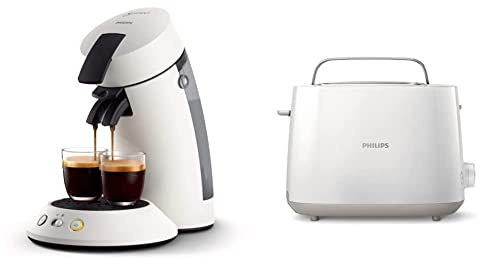 Philips Senseo Original Plus, Machine à café à dosettes, Blanc & Grille-pain - 2 Fentes, 8 Réglages, Réchauffe-Viennoiseries, Décongélation, Surélévation, Arrêt Automatique, Blanc (HD2581/00)
