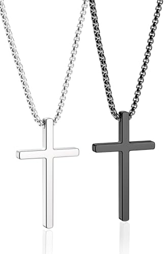 Romass 2 Pcs Cross Necklace for Men Boys,Stainless Steel Pendant Silver Black Crosses Chain Jewelry Gifts Box 16-30 inches（18in,Cross Pendant 1.2*0.7,Silver/Black）