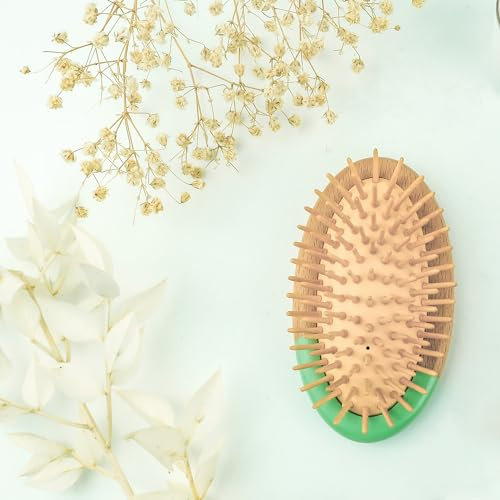 Feel Natural - Spazzola per capelli tascabile in bambù naturale - Districante e massaggio in pelle capriata - Portatile di forma ovale - Idea regalo per donna