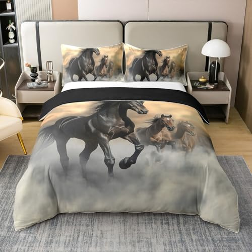 Homewish Housse de Couette Cheval 200x200 cm - Coton - Ensemble de Literie Cheval de Course, Parure de Lit Imprimée Animaux de La Ferme pour Hommes Femmes Ados Enfants, Décoration Occidentale