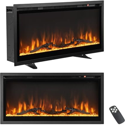 COSTWAY Chimenea Eléctrica de 91,5cm Empotrable en Pared, 750W/1500W Calentador con Control Remoto, Color y Brillo de Llama Ajustables, Termostato, Protección contra Sobrecalentamiento