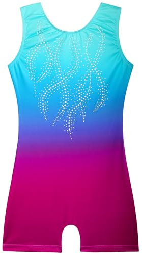 Nutyomi Girls Gymnastics Leotards with Shorts Kids Competitive Gymnastics Clothes Unitards Biketards Suits Sparkly Rhinestone Diamante Blue Rose Pink Tumbling Dance Outfits for Girls 9-10 Years
