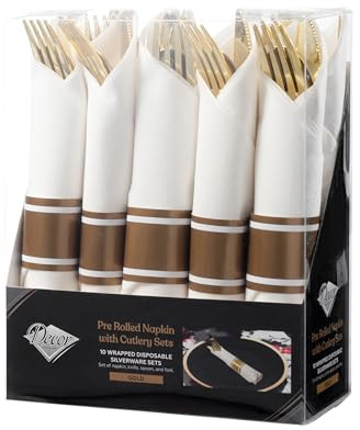 DECORLINE 10 stycken bestickuppsättningar – elegant plastbestickset med förrullad servett med guldbestick: 10 gafflar, 10 knivar, 10 skedar, 10 servetter, 10 pappersringar återanvändbara bestick