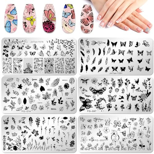 JSRQT 6 Pièces Plaques de Stamping pour Nail Art, Papillon Fleur Plume Feuilles Nail Art Pochoirs, Plaques d'art D'ongle, Modèles de Pochoirs à Ongles en Métal pour Femmes DIY Manucure