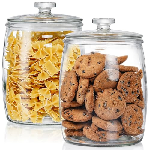 Absovetu Set of 2 Large Glass Storage Jars with Push-Top Lids 2 Litre - Wide Mouth Cookie Jar Round Biscuit Jar for Cereal Pasta Candy Sourdough Starter