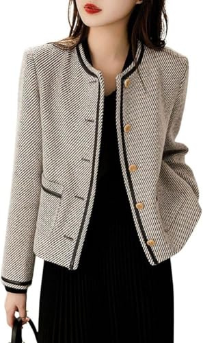 Veste en Tweed sans Col Rayée Vintage pour Femmes élégante Slim sans Col Business décontracté Boutonnée Business Veste Ample décontractée (Noir,XL)