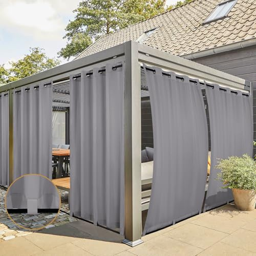 Teruntrue Rideau Extérieur Lot de 2 Rideau pour Pergola Occultant Résistant aux Intempéries avec Oeillet, Rideaux pour Tonnelle, Balcon, Terrasse, Rideaux avec Passants en Bas, H213 x L132 cm, Gris