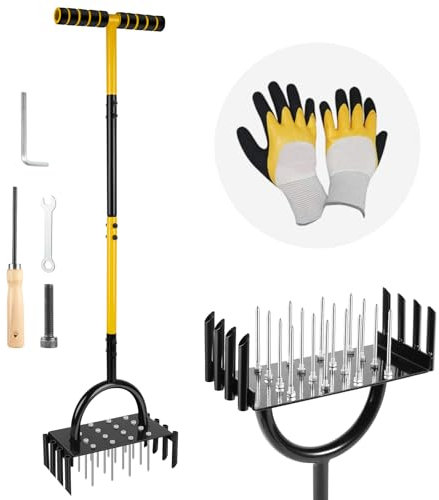 Aireador de césped 2 en 1, aireador para césped con 16 picos de hierro y 8 agujeros para deshuesar, aireador de césped con mango en T con limpieza del mango y guantes, aireación de césped para patios