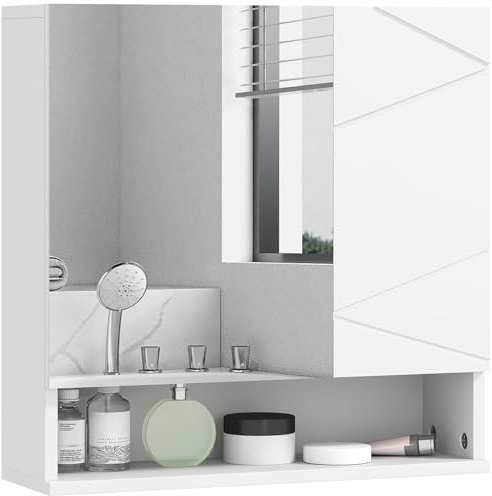 kleankin Bathroom Mirror Cabinet Wall Mounted 55W x 17D x 55Hcm White