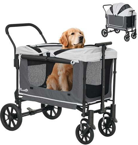 PawHut 2 in 1 Hundewagen Hundebuggy klappbar für Hunde & Katzen bis 30 kg Bollerwagen mit Kissen Netzfenstern 2 Türen Aufbewahrungstasche Katzenwagen Buggy Dunkelgrau