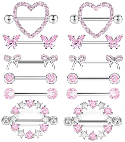Suotarn 14G Nipple Rings for Women 316L Stainless Steel Heart Cherry,Star Butterfly Pink Nipple Barbell CZ Cute Nipple Rings Set Pink Nipplerings Piercing Jewelry