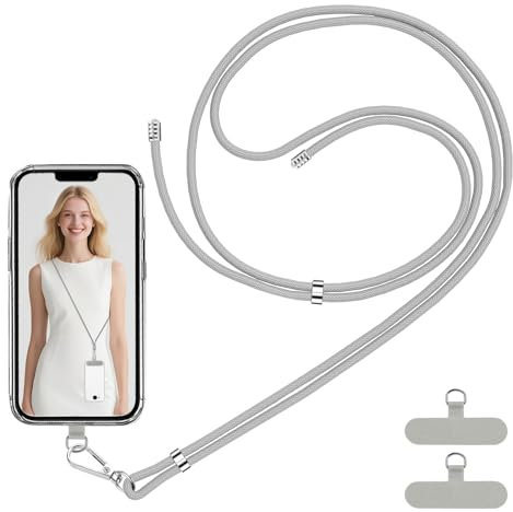 VynyQoo Cordon Telephone Portable Tour de Cou Réglable 80cm, Collier Telephone avec 2 Durable Patchs, Sangle Telephone Laniere Bandoulière Dragonne pour étuis de Téléphone Tout Compris(gris)