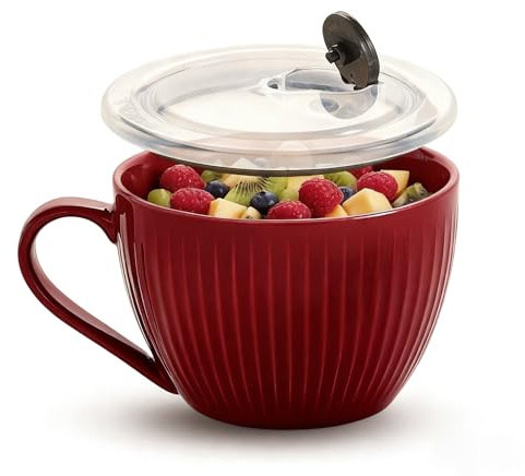Pyrilo Red Ceramic Soup Bowl with Handle & Lid, 24oz Jumbo Soup Mug - Microwave & Dishwasher Safe Ceramic Ramen Bowl for Soup, Oatmeal, Salad (1 Pack)