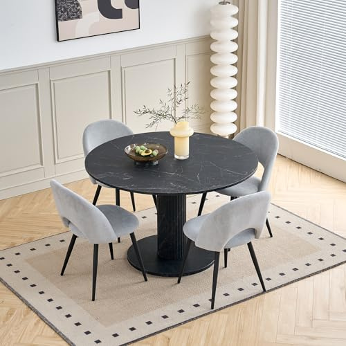 DEYARNA HOME 115 cm runt matbord med 4 matbordsstolar, köksbord av MDF (Marmor-imitationsutseende) och 4 vadderade stolar för kök, matsal, vardagsrum (svart bord + grå stolar)