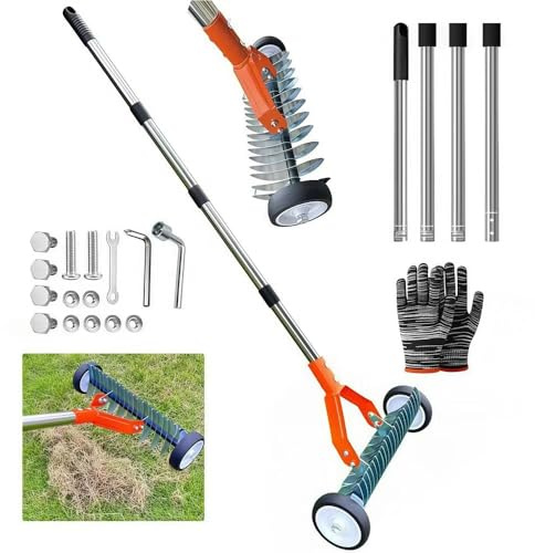 Scarificatore manuale con manico, 165 cm, scarificatore a mano con ruote, rastrello da taglio in metallo, da giardino, rimovibile, regolabile, per giardino, cortile